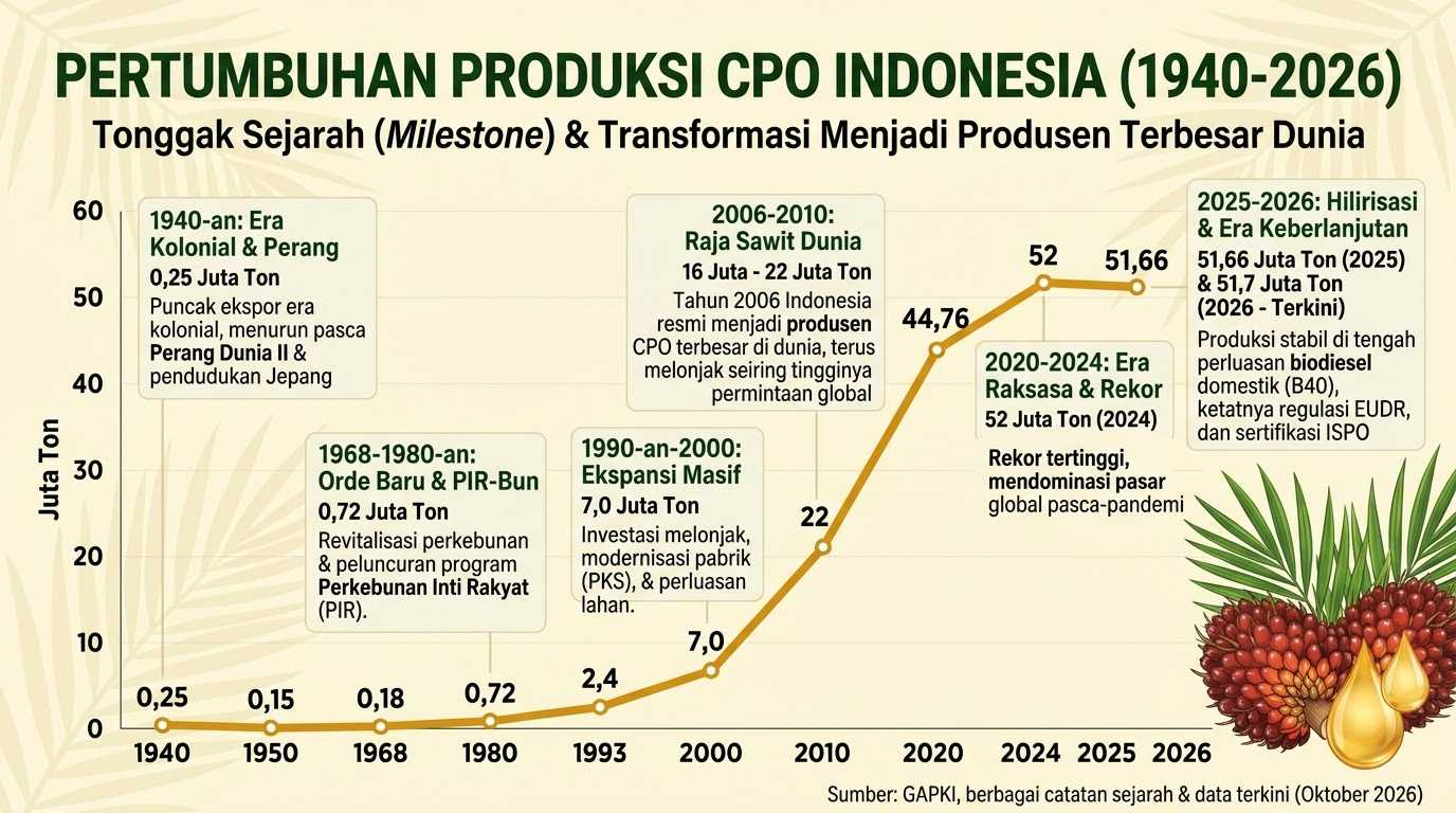 Grafik pertumbuhan produksi CPO Indonesia dari 1940 hingga 2024