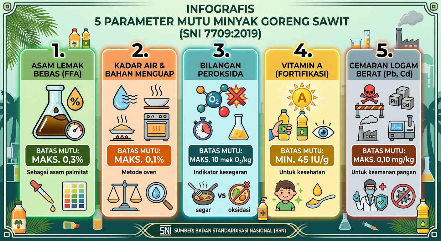 Infografis lima parameter mutu SNI 7709 2019 minyak goreng sawit