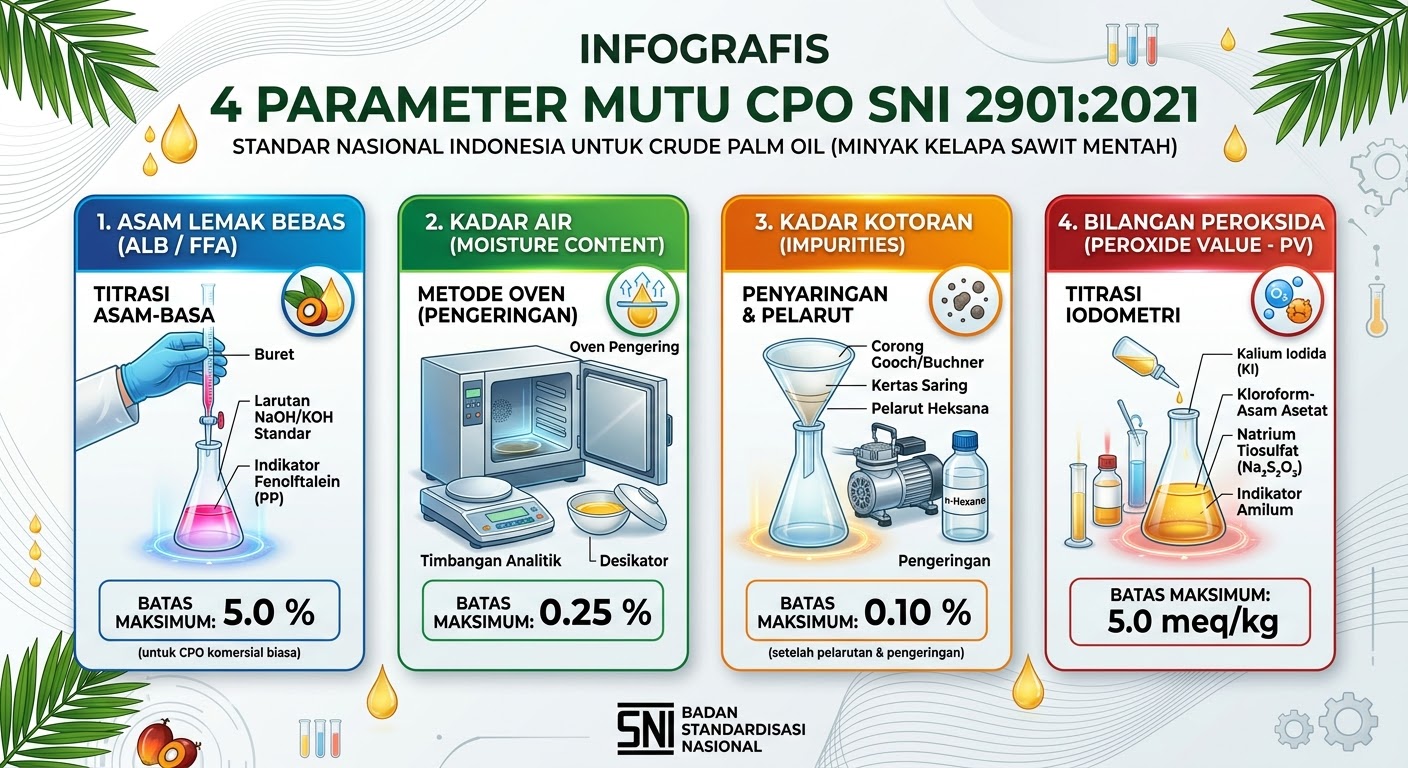 Parameter Mutu CPO SNI 2901:2021 Infografis empat parameter mutu CPO SNI 2901 2021 kadar air kotoran FFA DOBI